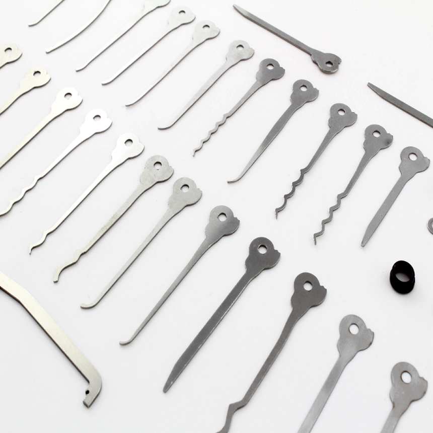 Close-up image of a selection of the Dangerfield Expansion Lock Pick Set tools