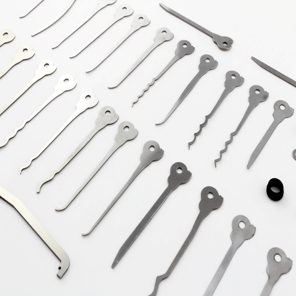 Close-up image of a selection of the Dangerfield Expansion Lock Pick Set tools