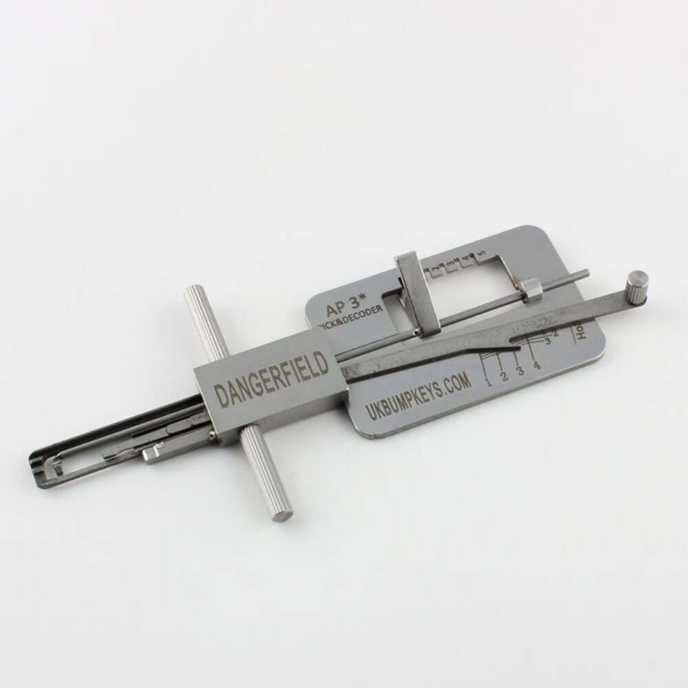 Metal lock picking tool with 'Dangerfield' branding on a white background