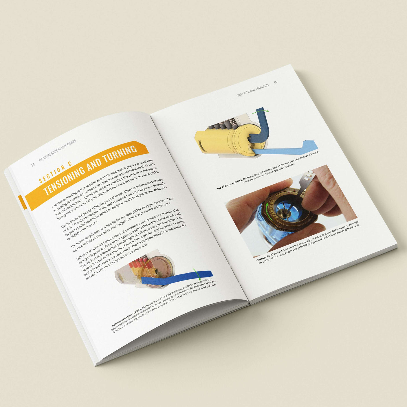 Open book page showing illustrations and instructions for lock picking techniques on tensioning and turning.