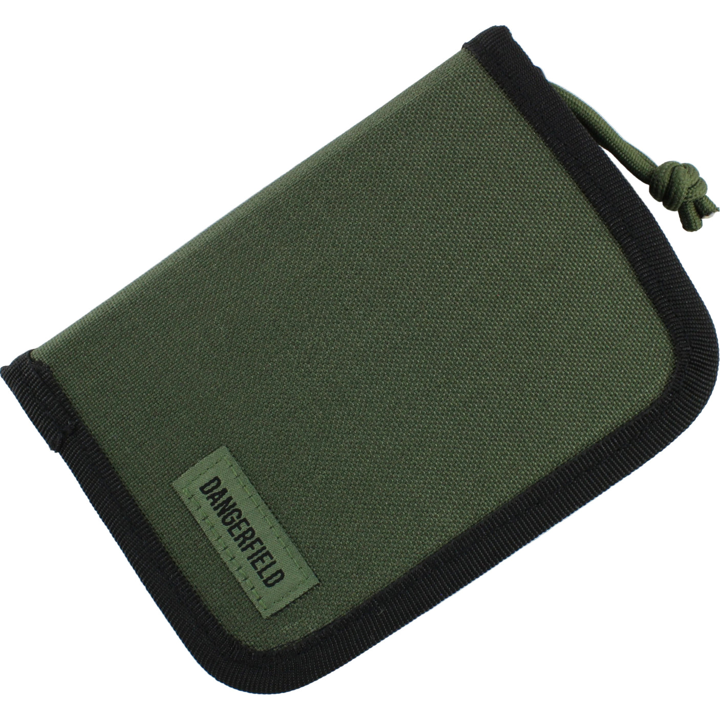 Dangerfield Viper lock pick case closed, olive green fabric with black binding, woven Dangerfield label and a green paracord zip pull