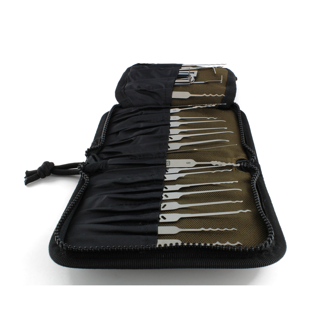 Dangerfield Jackal lock pick case loaded with a full row of picks, seen from above with the slot fabric folded back