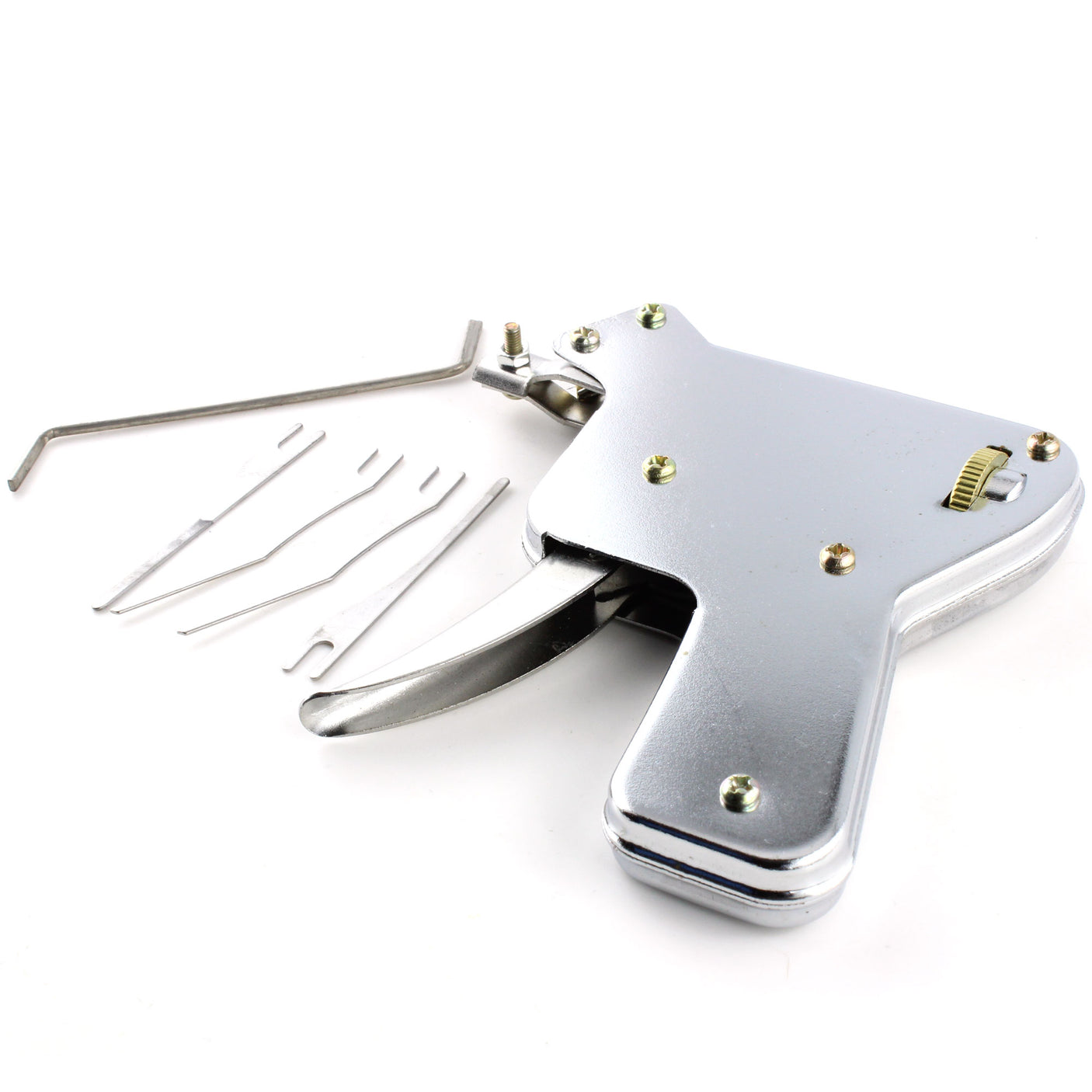 Lokko manual pick gun close-up showing the needle holder and snap mechanism