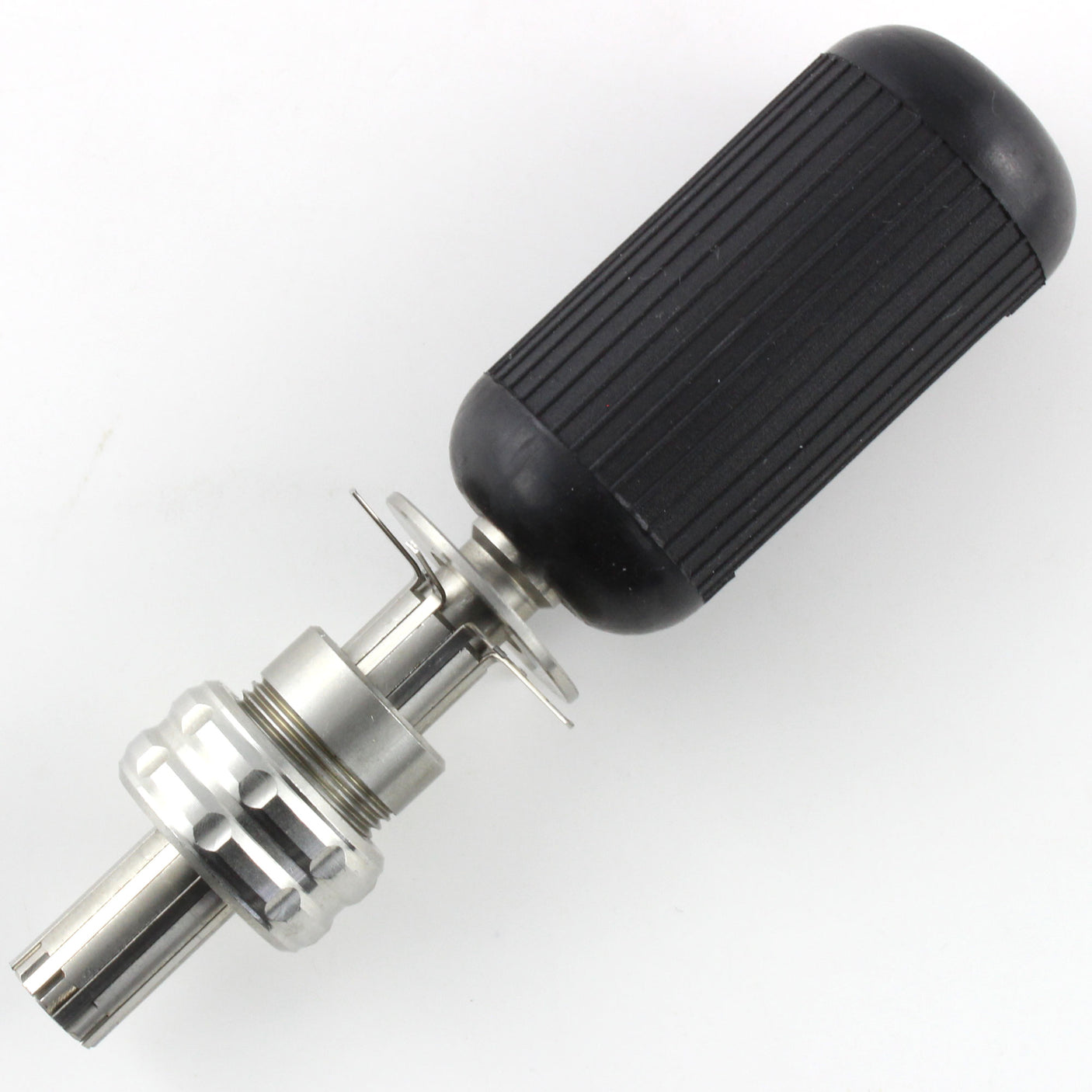 Diagonal view of the Lokko 7-pin tubular pick showing the knurled adjustable collar and ribbed grip handle