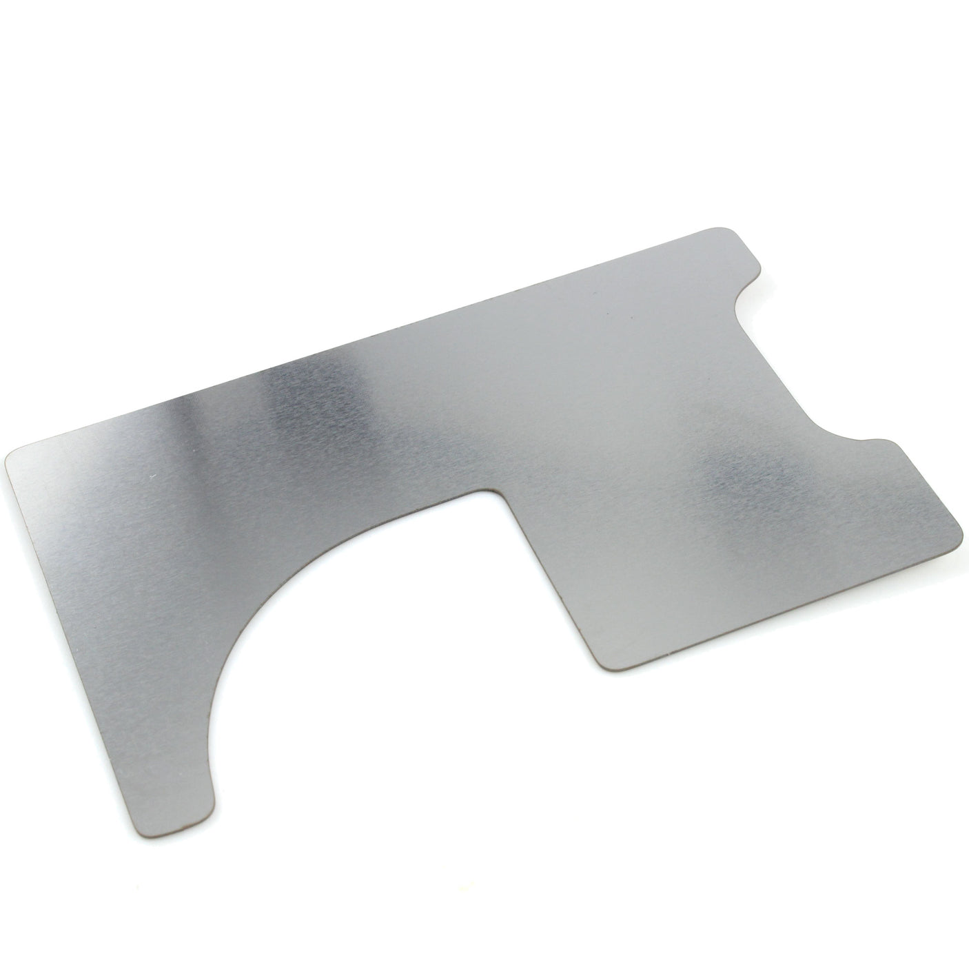 Lokko stainless latch shim laid flat, showing the curved cut-out and side notch that work the bolt