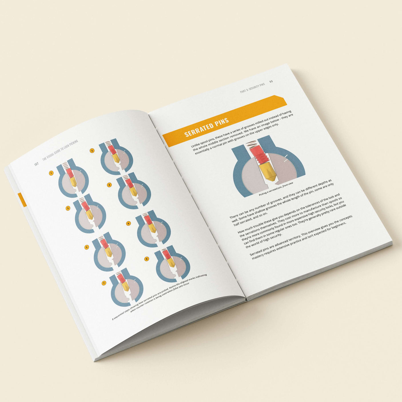 Lock picking illustrated page showing serrated pins with visual guide and text explanation.