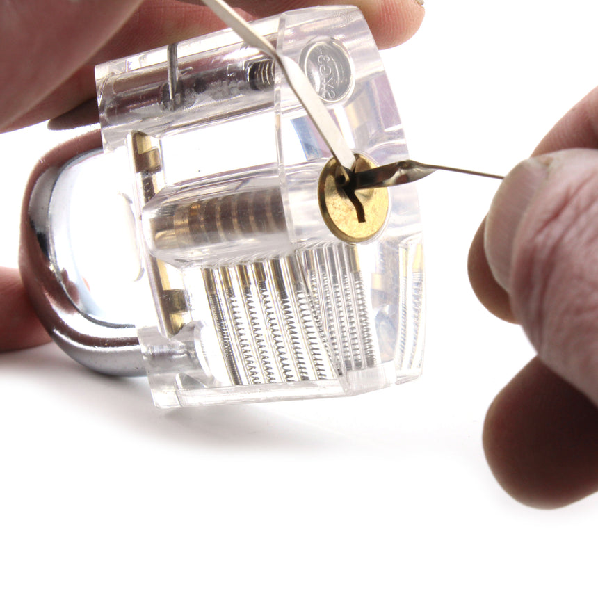 Dangerfield Soho lock rakes working on a transparent lock.