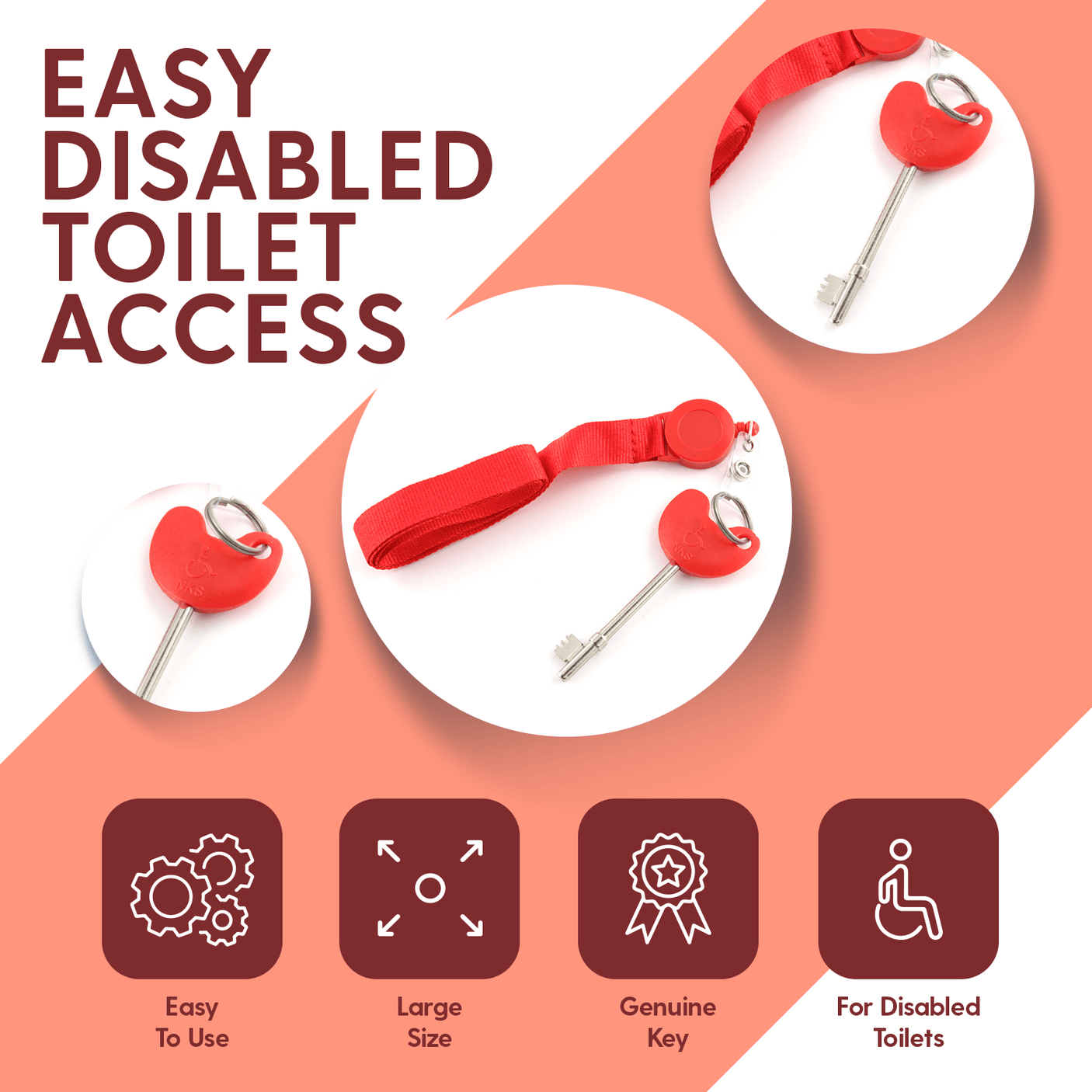 "3x LOKKO NKS radar disabled toilet keys with red grips for easy access, featuring braille identification."