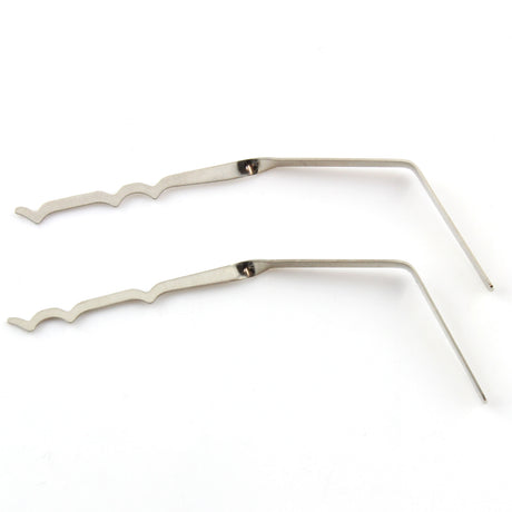 A pair of silver-colored metal lock rakes with a fine gauge design, displayed against a white background.