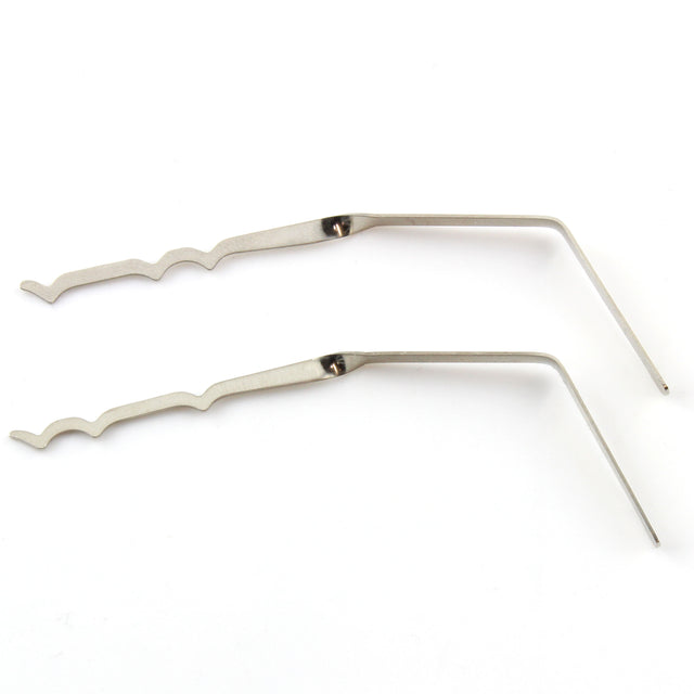 A pair of silver-colored metal lock rakes with a fine gauge design, displayed against a white background.