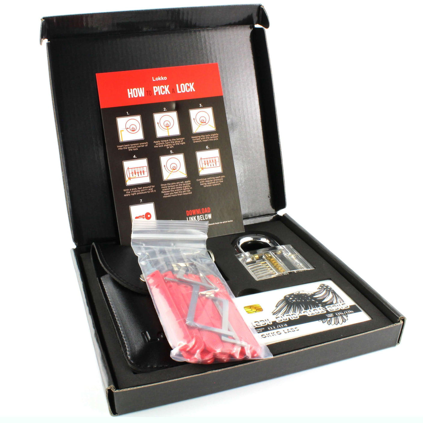 Lock Picking Kit featuring lock picks, practice lock, and beginner's guide for mastering lock picking skills.