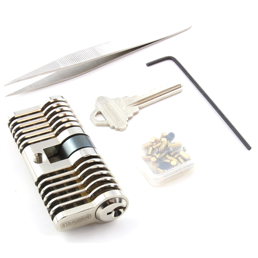 Dangerfield Brushed Aluminium Cutaway Practice Lock +Pins and Tweezers - Repinnable, Configurable Solid Metal Training Lock