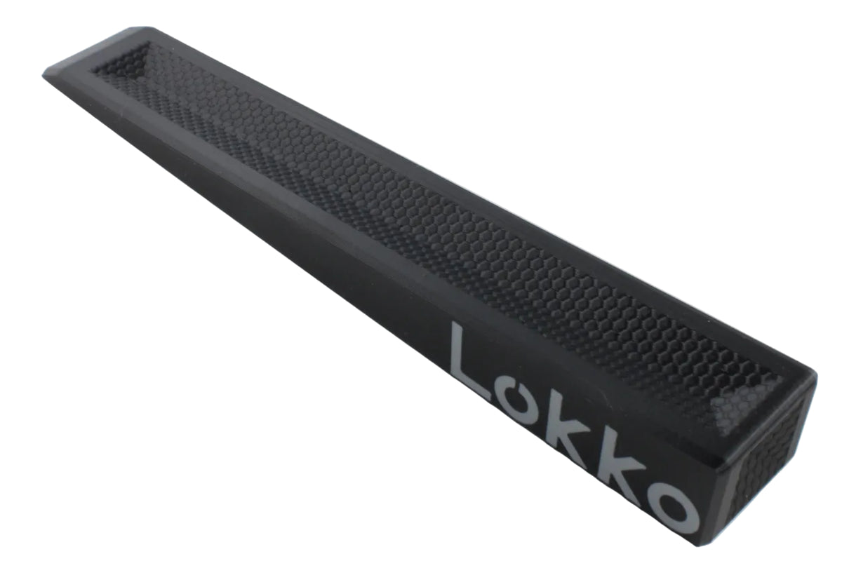 A black textured metal door wedge for locksmiths with the brand name 'Lokko' printed in white on one end, shown on a plain white background.