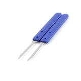 Two blue-handled metal tools on a white background