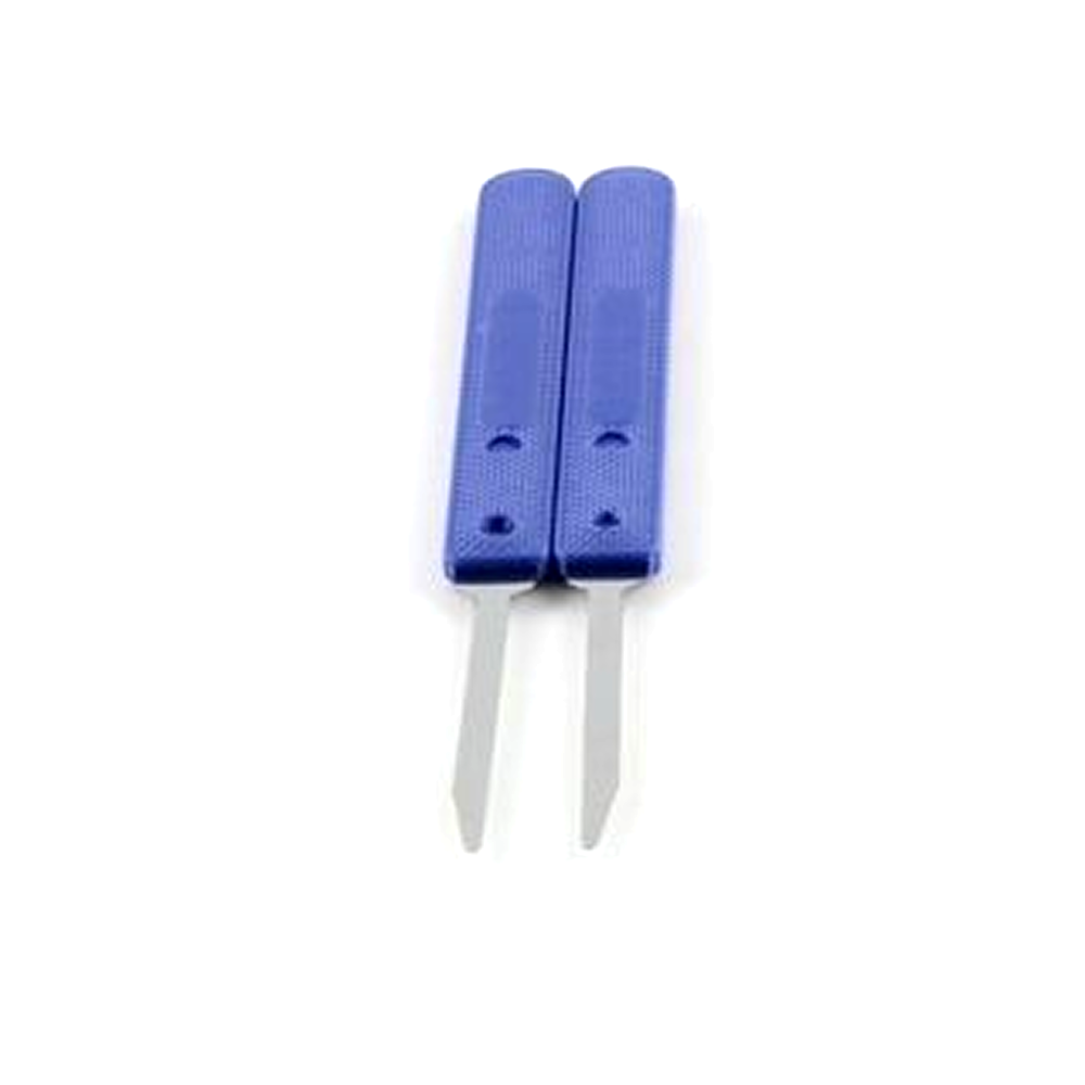 Two blue-handled lock bypass knives on a white background