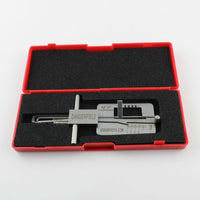 Metal Dangerfield APECS Lock Picking tool with engraved text, in a case, on a white background 