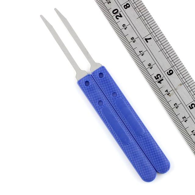 Blue lock pick tool with a ruler for scale on a white background