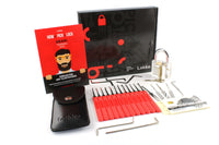 Lock picking kit with tools, practice lock, instructional guide, and carrying case for beginners.