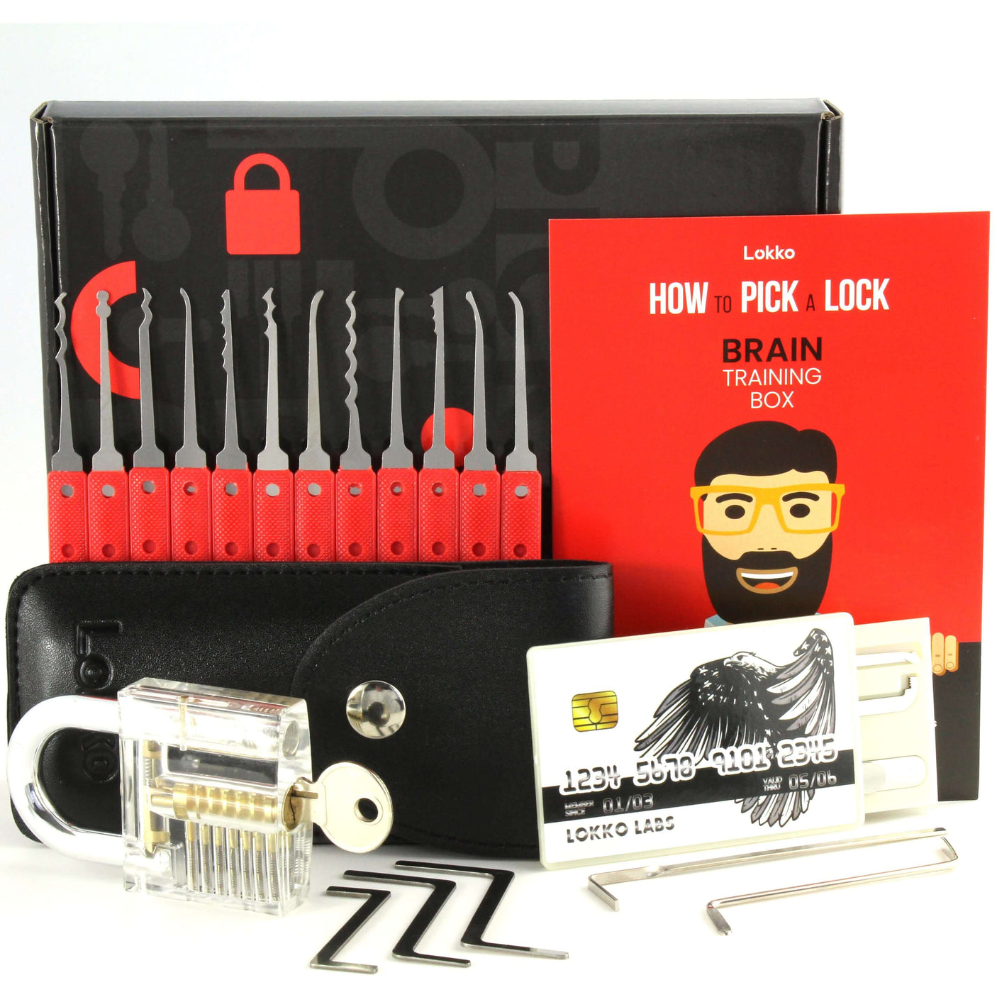 Lock Picking Kit with picks, practice lock, training book, and accessories for beginners.