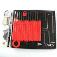 Lock picking kit including lock picks, practice lock, and tools for beginners.