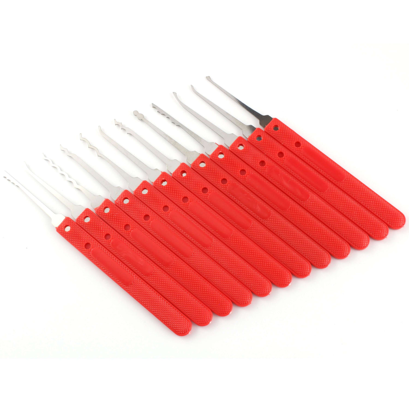Lock picking kit featuring various red lock picks designed for beginners and practice.