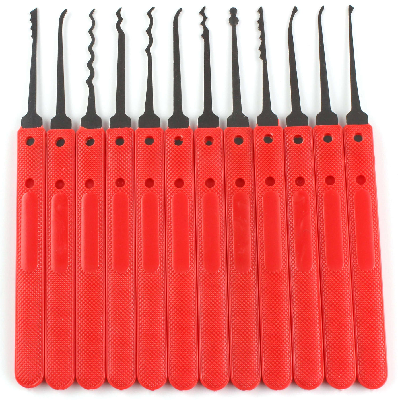 A set of red lock picks included in the lock picking kit for beginners and practice.