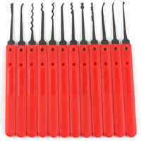 A set of red lock picks included in the lock picking kit for beginners and practice.