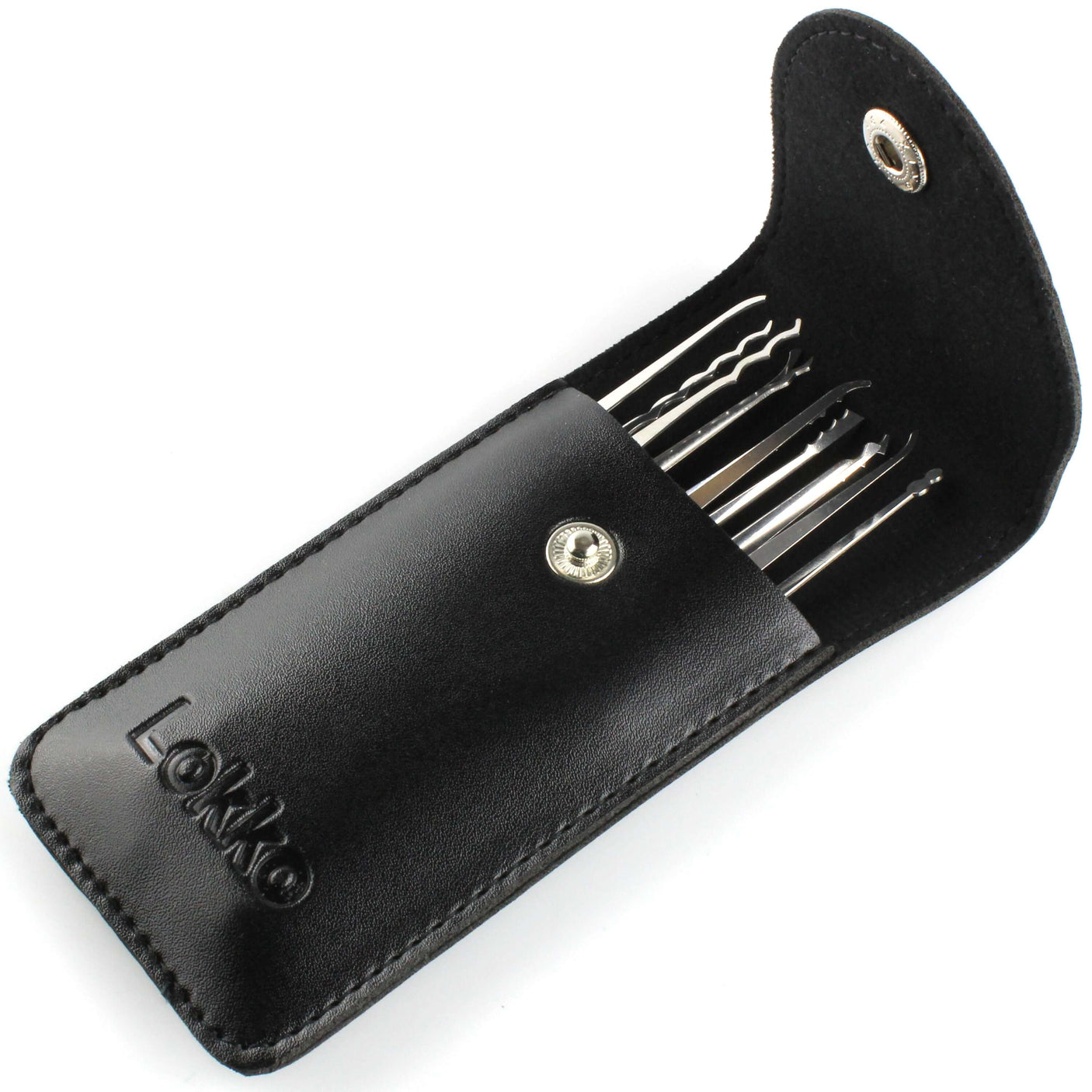 Lock picking kit with metal picks stored in a black leather case for beginners and enthusiasts.