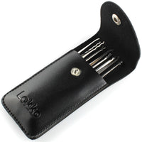 Lock picking kit with metal picks stored in a black leather case for beginners and enthusiasts.