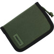 Dangerfield Viper lock pick case closed, olive green fabric with black binding, woven Dangerfield label and a green paracord zip pull