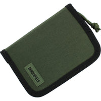 Dangerfield Viper lock pick case closed, olive green fabric with black binding, woven Dangerfield label and a green paracord zip pull