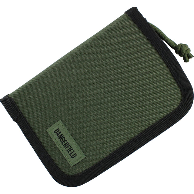 Dangerfield Viper lock pick case closed, olive green fabric with black binding, woven Dangerfield label and a green paracord zip pull