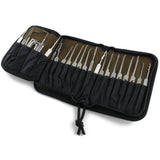 Dangerfield Jackal lock pick case open flat and loaded, picks in the narrow pockets and tensioners in the wider ones