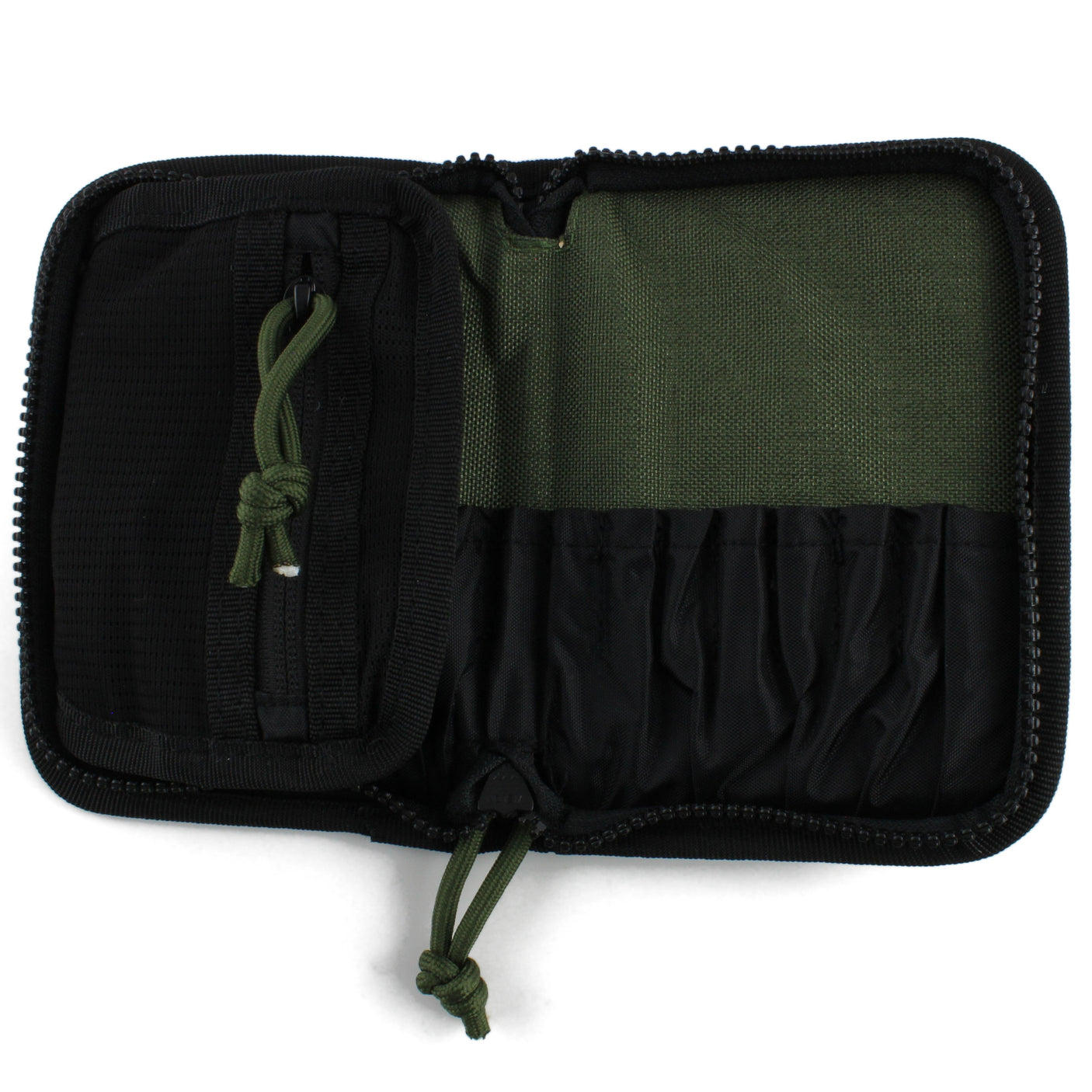 Dangerfield Viper lock pick case open flat and empty, zipped flat pocket on the left and olive panel with individual tool pockets on the right