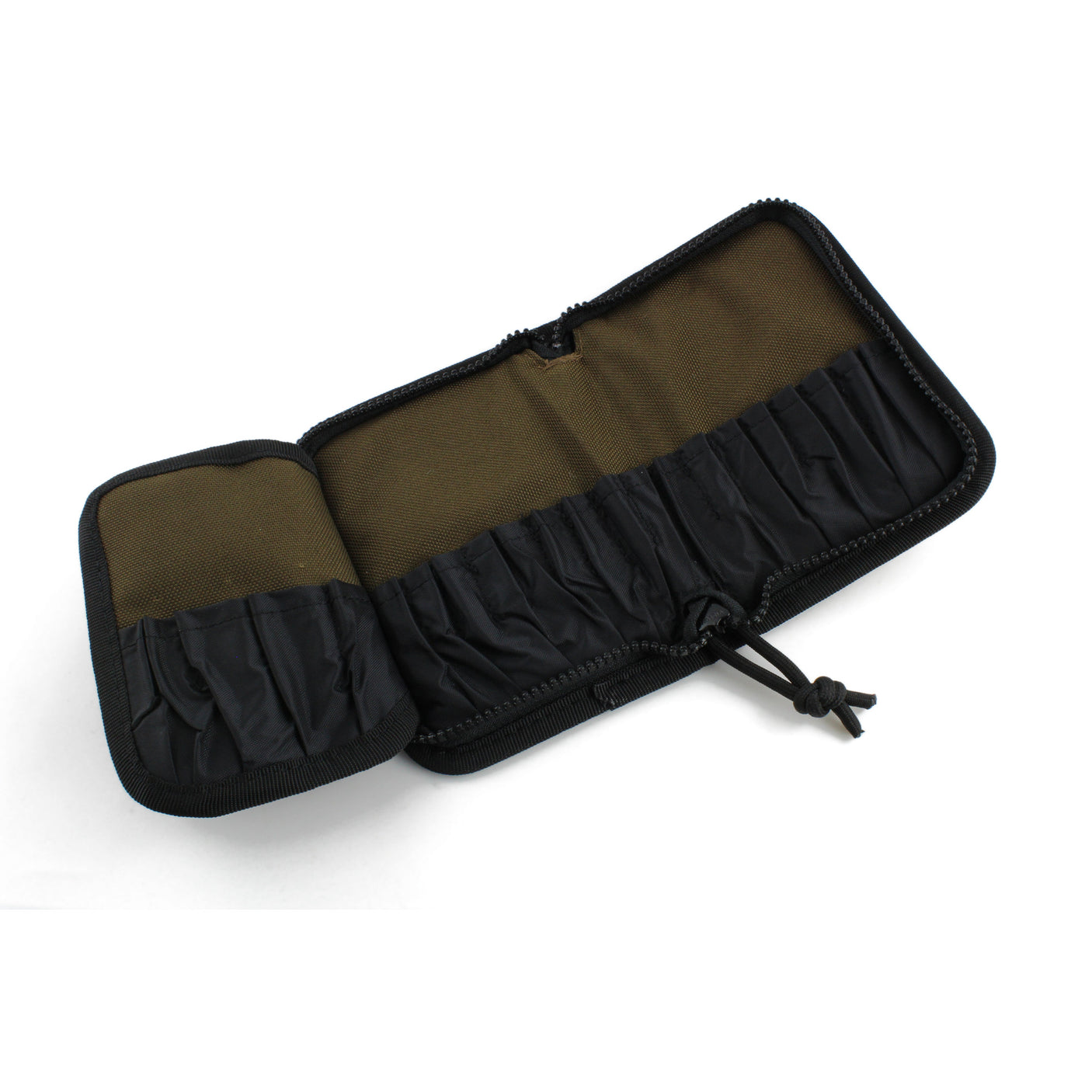 Dangerfield Jackal lock pick case open flat, empty individual tool pockets running across the tan interior panel