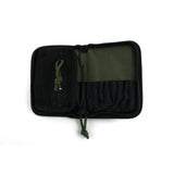 Dangerfield Viper lock pick case open flat, zipped flat pocket on the left and olive panel with individual tool pockets on the right