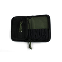 Dangerfield Viper lock pick case open flat, zipped flat pocket on the left and olive panel with individual tool pockets on the right