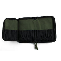 Dangerfield Viper lock pick case open flat and empty, individual tool pockets across the olive interior panel
