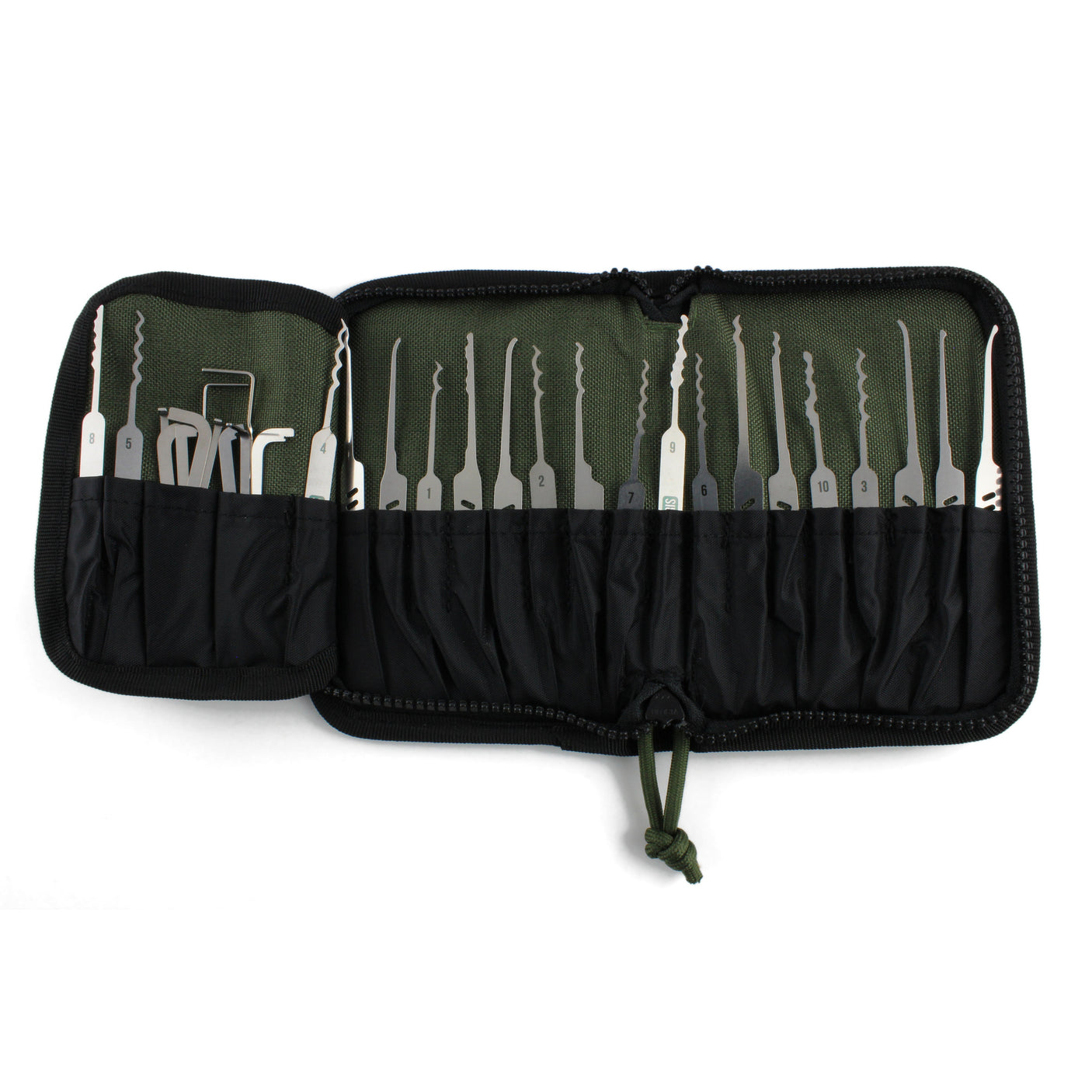 Dangerfield Viper lock pick case open flat and loaded, a row of picks in the narrow slots and tensioners in the wider slots