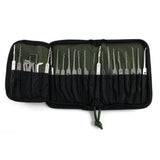 Dangerfield Viper lock pick case open flat and loaded, a row of picks in the narrow slots and tensioners in the wider slots
