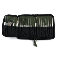 Dangerfield Viper lock pick case open flat and loaded, a row of picks in the narrow slots and tensioners in the wider slots