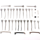 Dangerfield Skeleton Multitool with 30 piece lock picks expansion set laid out in rows on white background.