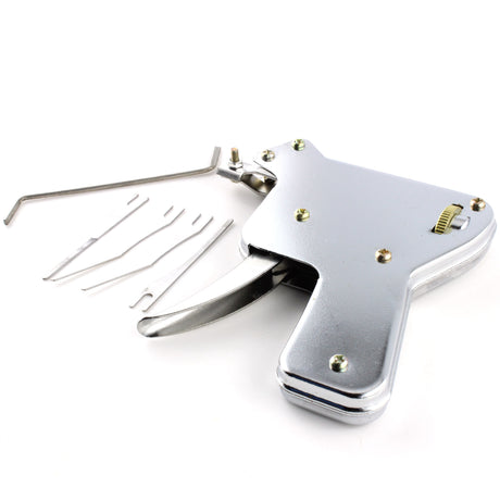 Lokko manual pick gun close-up showing the needle holder and snap mechanism
