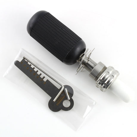 Lokko 7-pin tubular lock pick with textured grip handle beside its numbered decoder key on a dark background
