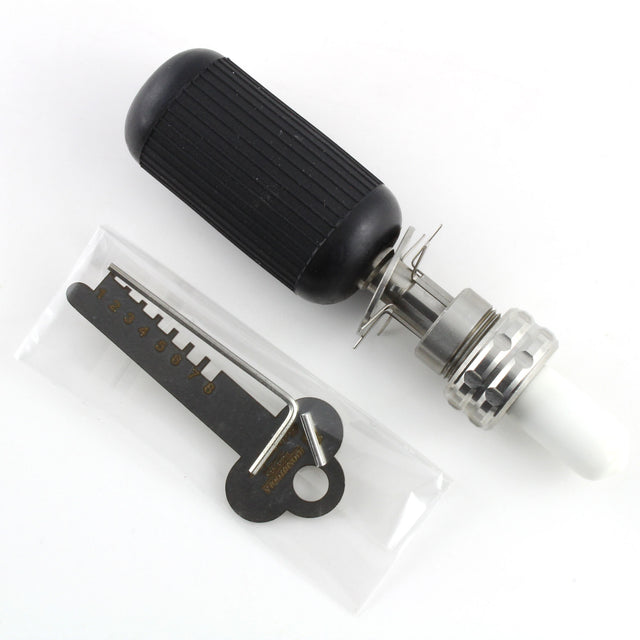 Lokko 7-pin tubular lock pick with textured grip handle beside its numbered decoder key on a dark background