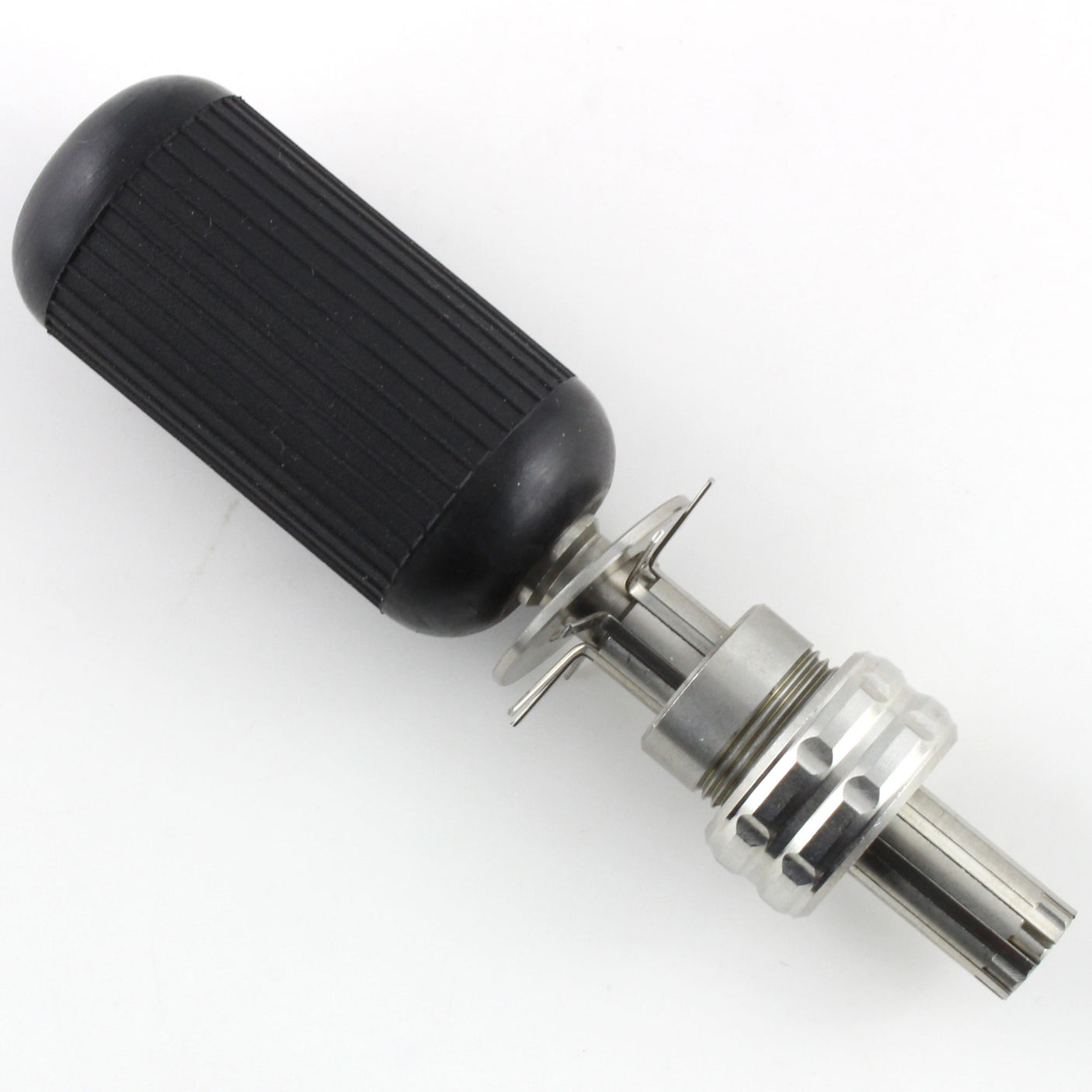 Diagonal product view of the Lokko 7-pin tubular lock pick and numbered decoder key