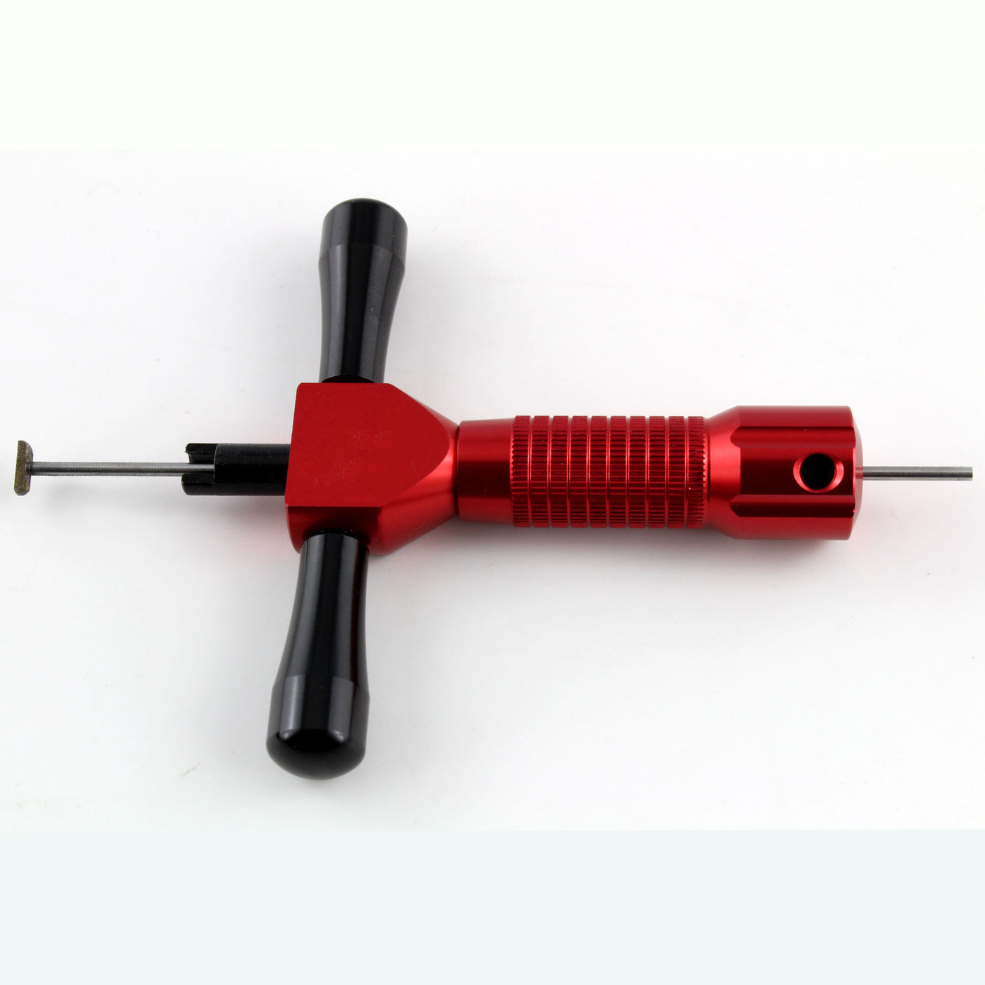 Side profile of the Lokko disc detainer lock pick showing its full length and red handle
