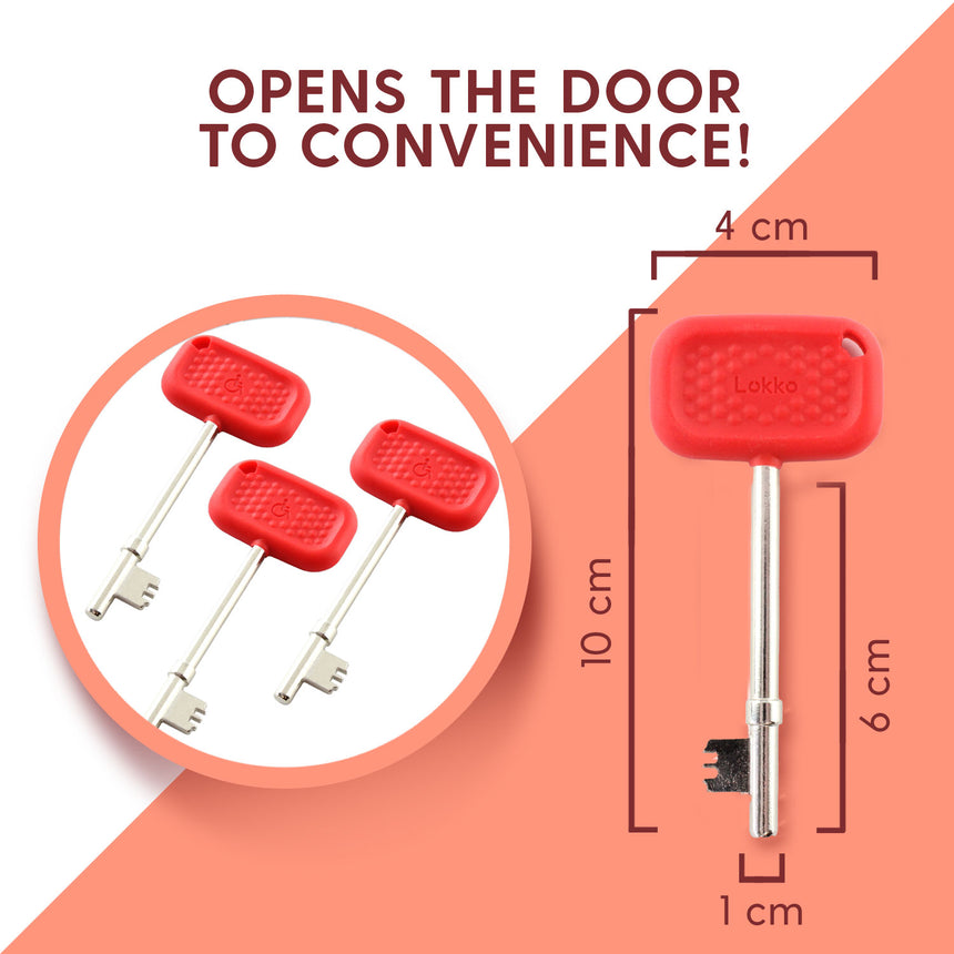 Set of 3 Lokko red disabled toilet keys with comfortable grip, ideal for RADAR locks in the UK, featured with measurements.