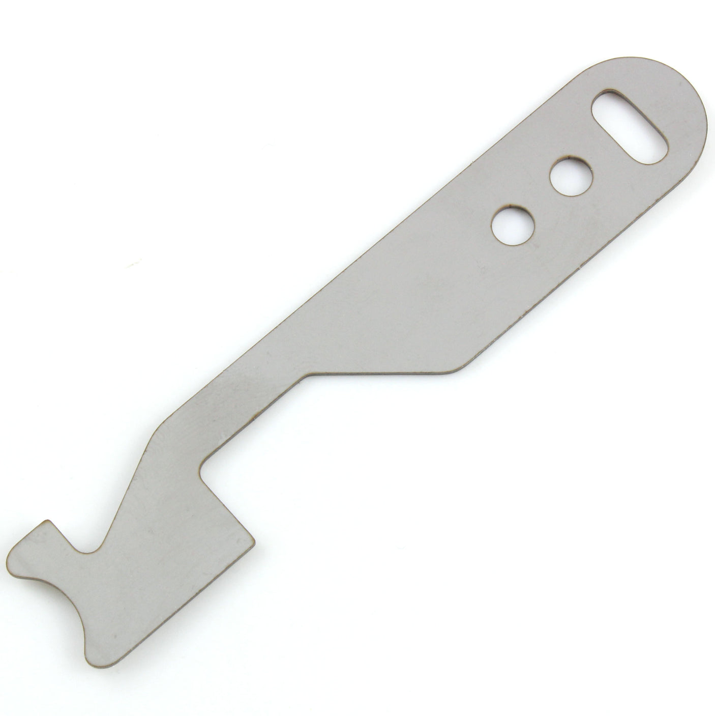 Angled view of the Lokko Pocket Shove-It blade showing the hooked working tip and the keyring slot at the handle end