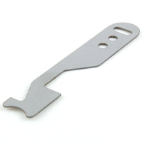 Lokko Pocket Shove-It stainless blade laid flat, showing the keyring slot, finger holes and the hooked latch-driving tip